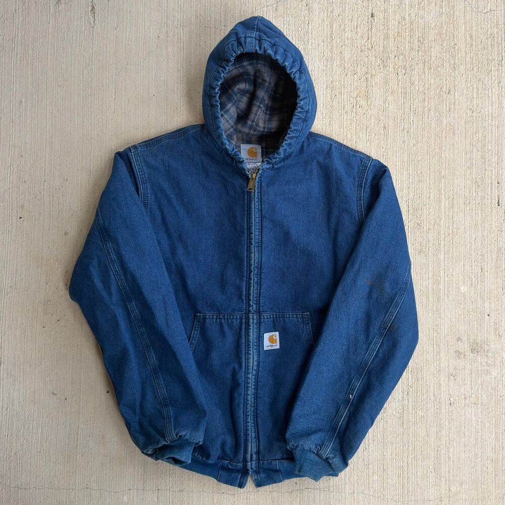 Carhartt YOUTH Y07 DST denim blue jean hooded work wear jacket